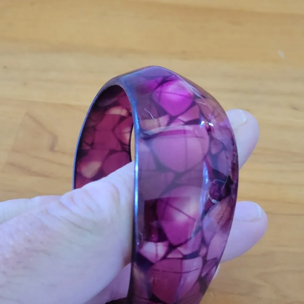 Purple Resin Bangle Bracelet Shell Mosaic Inlay Wide Domed 2.5 Inch